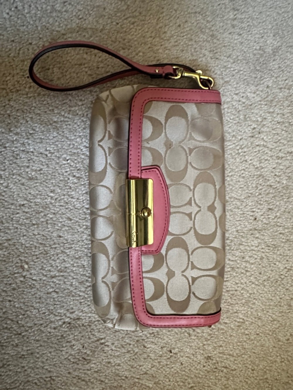 Coach Beige Signature Wristlet with Pink Trim